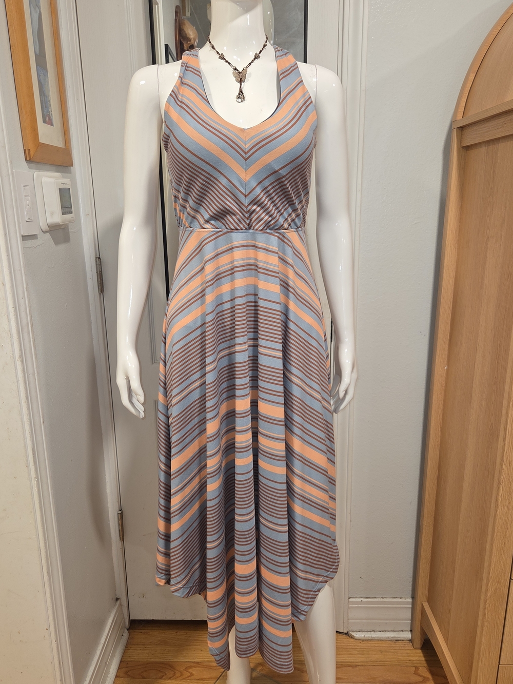 Prana Striped Dress in Peach, Light Blue, and Brown Sz M